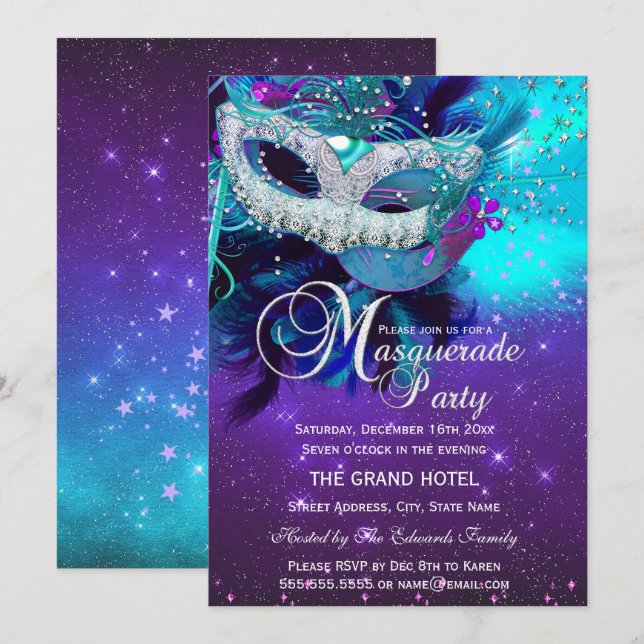Invitación Máscara de Plumas Moradas Turquesas Cumpleaños Dis (Anverso / Reverso)