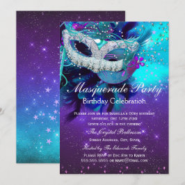 Invitación Máscara de Plumas Moradas Turquesas para Cumpleaño