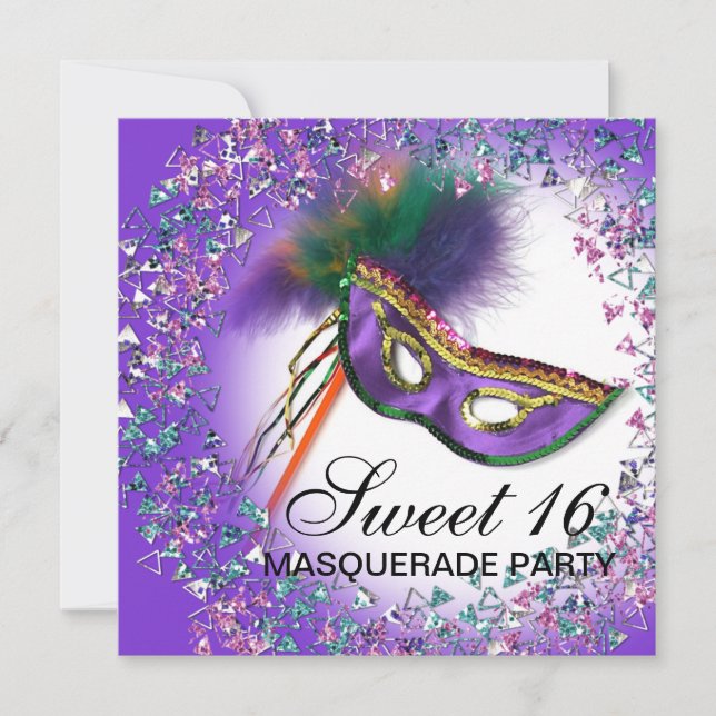 Invitación Máscara de plumas Morado Dulce 16 Fiesta de Masque (Anverso)