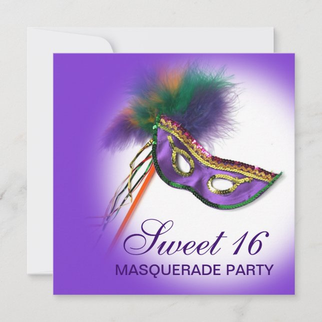 Invitación Máscara de plumas Morado Dulce 16 Fiesta de Masque (Anverso)