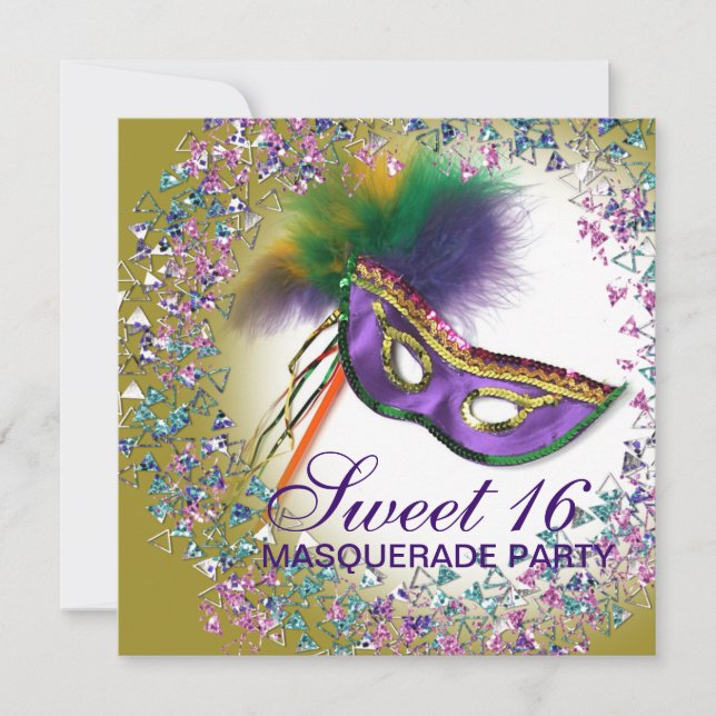 Invitación Máscara de plumas Morado Dulce 16 Fiesta de Masque (Anverso)