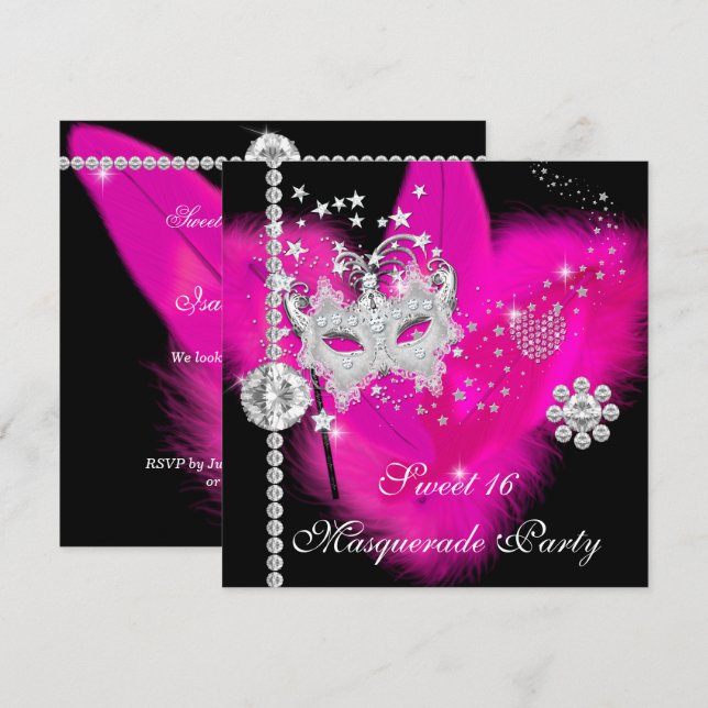 Invitación Máscara de plumas negras rosa caliente Masquerade  (Anverso / Reverso)