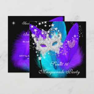 Invitación Máscara de plumas púrpura azul turquesa y negro pa