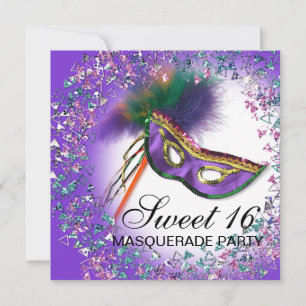 Invitación Máscara de plumas púrpura dulce fiesta de máscaras