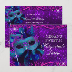 Invitación Máscara de plumas púrpura verde Mascarada Dulces 1