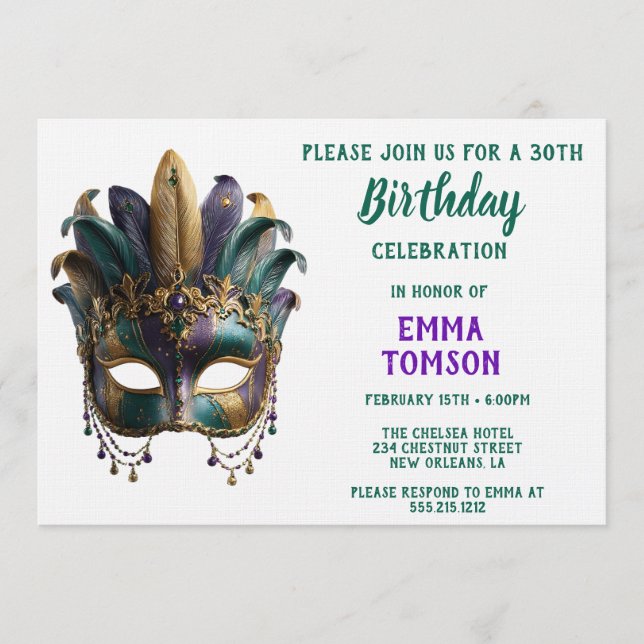 Invitación Máscara de Plumas Regal de Mardi Gras Cumpleaños (Anverso)