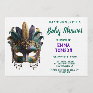 Invitación Máscara de plumas regias de Mardi Gras para Baby S