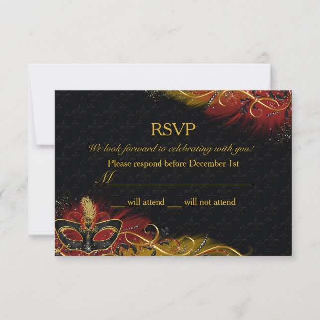Invitación Máscara de plumas roja y dorada con brillo Masquer (Anverso)