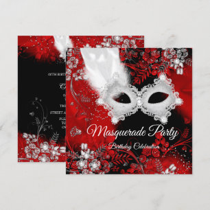 Invitación Máscara de plumas rojas y blancas para fiesta de c