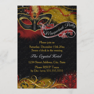 Invitación Máscara de plumas rojas y doradas con brillo Invit