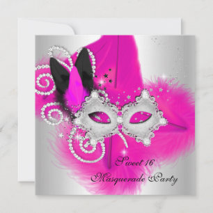 Invitación Máscara de plumas rosa caliente y negro para Sweet
