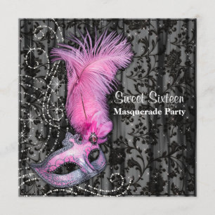 Invitación Máscara de plumas rosa negro Sweet 16 Fiesta de di