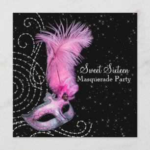 Invitación Máscara de plumas rosa negro Sweet 16 Fiesta de Ma