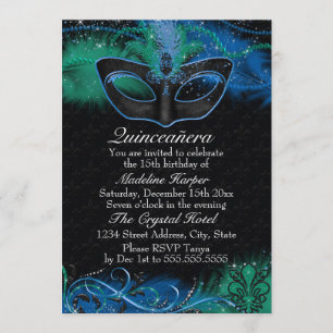 Invitación Máscara de Quinceañera Azul y Verde con Brillo Mas