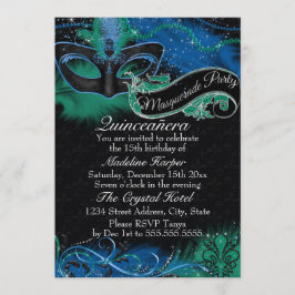 Invitación Máscara de Quinceañera Azul y Verde con Brillo Mas