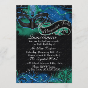 Invitación Máscara de Quinceañera Azul y Verde con Brillo Mas