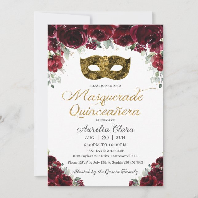 Invitación Máscara de quinceañera de oro floral de borgoña (Anverso)