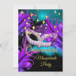 Invitación Máscara de Quinceañera para Mascarada Azul verde P