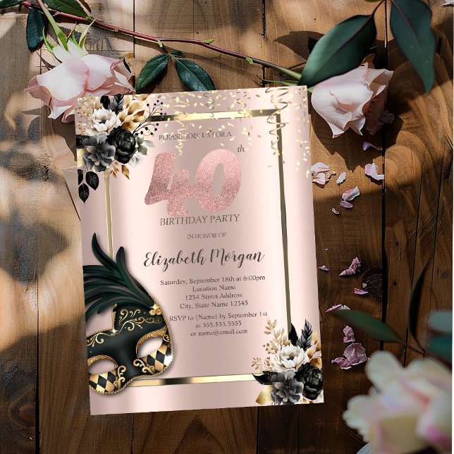 Invitación Máscara de Rosas Negras Confeti Rosa Dorado 40º (Subido por el creador)