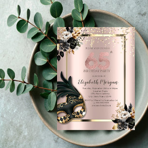 Invitación Máscara de Rosas Negras Confeti Rosa Dorado 65th