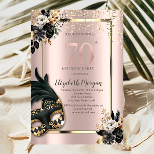 Invitación Máscara de Rosas Negras Confeti Rosa Dorado 70º