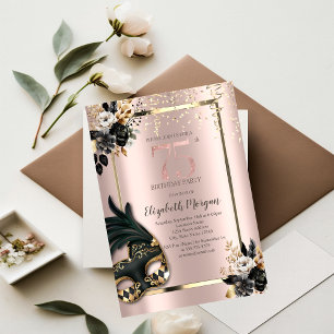 Invitación Máscara de Rosas Negras Confeti Rosa Dorado 75º