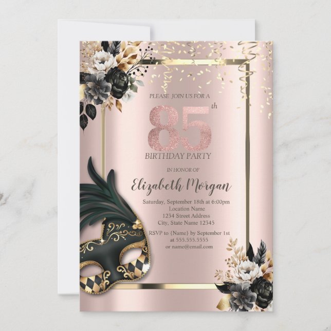 Invitación Máscara de Rosas Negras Confeti Rosa Dorado 85th (Anverso)