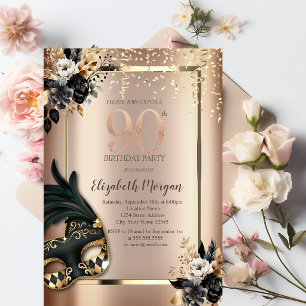 Invitación Máscara de Rosas Negras Elegantes Confeti 90