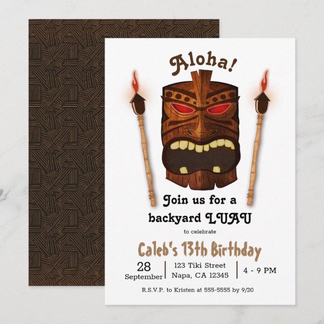Invitación Máscara de Tiki de Madera Aloha Polinesia Cumpleañ (Anverso / Reverso)