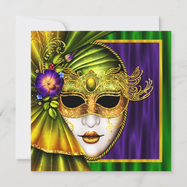 Invitación Máscara de Venecia elegante para boda de Mardi Gra (Anverso)