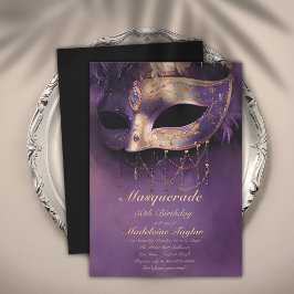 Invitación Máscara de Venecia Mascarada de Oro Morado 50 cump