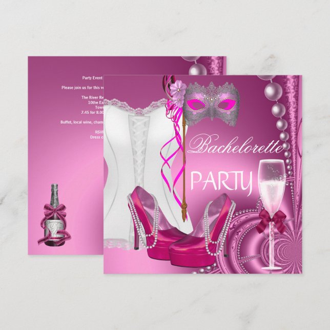 Invitación Máscara de zapatos rosados de la Bachelorette Part (Anverso / Reverso)
