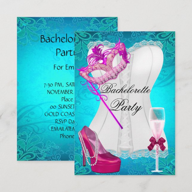 Invitación Máscara de zapatos rosados Verde azulados de Bache (Anverso / Reverso)