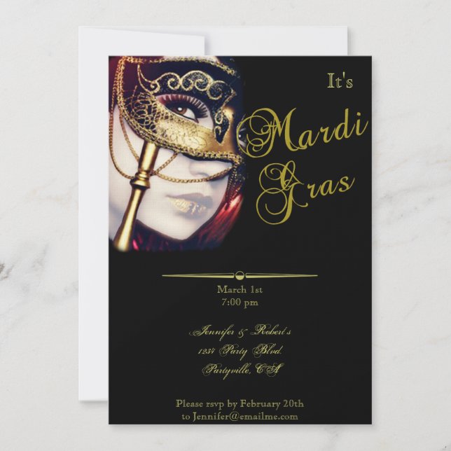 Invitación Máscara del oro en el fiesta negro del carnaval (Anverso)