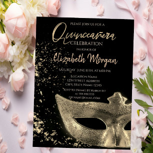 Invitación Máscara Dorada,Confeti Quinceañera