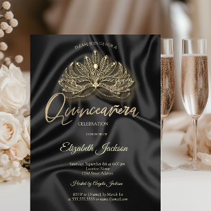 Invitación Máscara Dorada de Quinceañera de Seda Negra