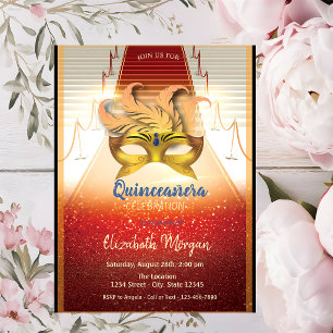 Invitación Máscara Dorada Elegante, Quinceañera en Alfombra R
