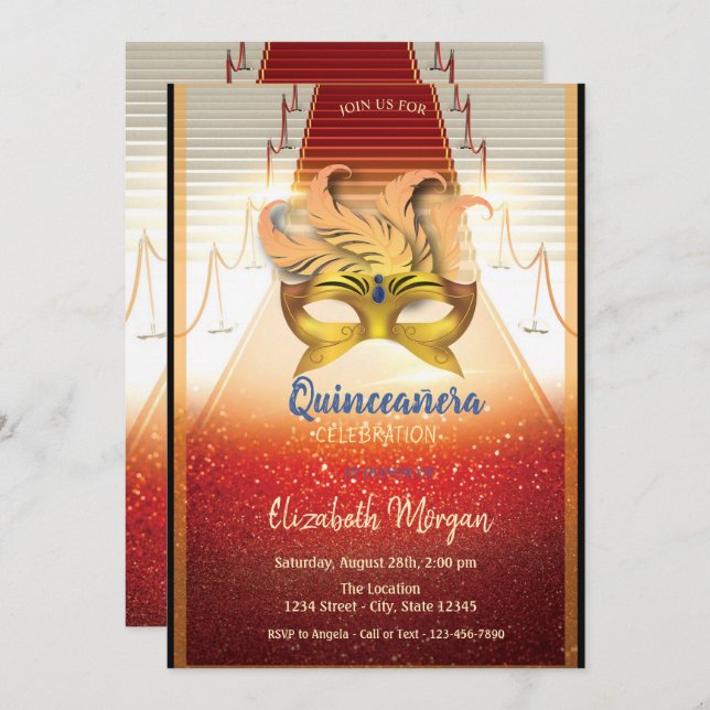 Invitación Máscara Dorada Elegante, Quinceañera en Alfombra R (Anverso / Reverso)