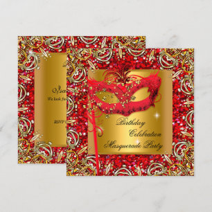 Invitación Máscara Dorada Purpurina Roja Fiesta de Cumpleaños