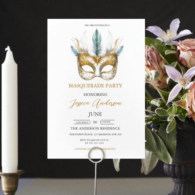 Invitación Mascara dorada y blanca Mascarada Fiesta de Mascar (Subido por el creador)