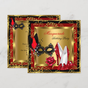 Invitación Máscara Dorado Rojo Negro Brillo Tacones Altos Más