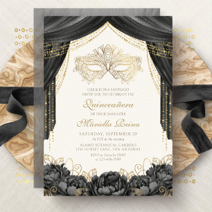 Invitación Máscara Elegante de Máscara Quinceañera Negra