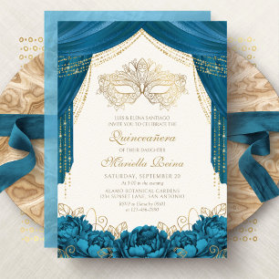 Invitación Máscara Elegante de Quinceañera en Azul Teal