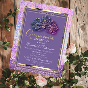 Invitación Máscara Elegante Diamantes Quinceañera Holográfica