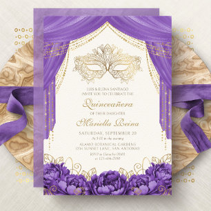 Invitación Máscara Elegante Morada para Quinceañera de Mascar
