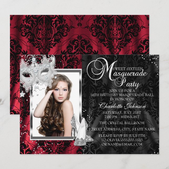 Invitación Mascara elegante y tacones Dulce Mascarada Roja 16 (Anverso / Reverso)