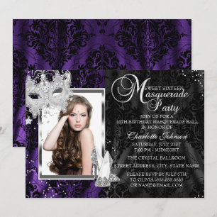 Invitación Mascara elegante y tacones Morado Mascarada Dulce 
