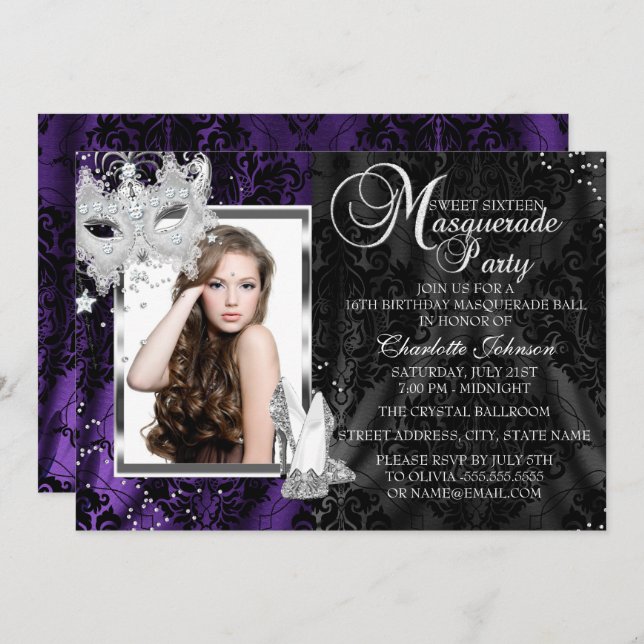 Invitación Mascara elegante y tacones Morado Mascarada Dulce  (Anverso / Reverso)