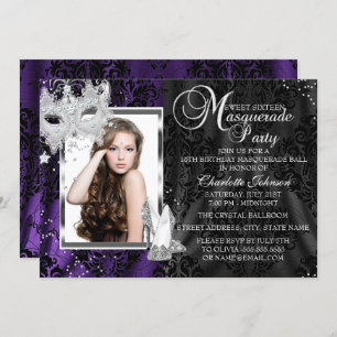 Invitación Mascara elegante y tacones Morado Mascarada Dulce 