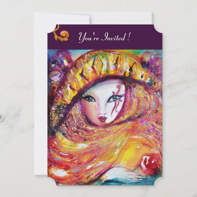 Invitación MÁSCARA EN AMARILLO, FIESTA DE MARDI GRAS  morado  (Anverso)